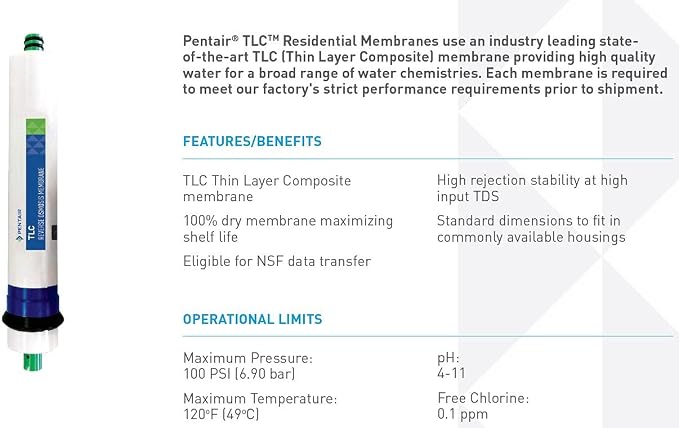 Pentair Pentek TLC-50 Reverse Osmosis Membrane, 50 GPD Thin Layer Composite Replacement RO Element, Reduces TDS, 11.75" x 1.79"