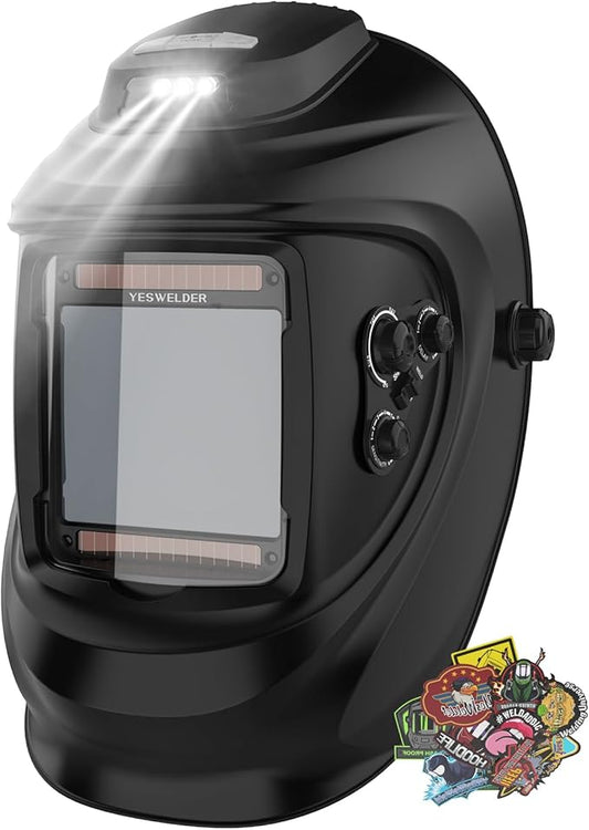 YESWELDER Auto Darkening Welding Helmet with Rechargeable Fan and Light, 3.93"X3.66"Large View 1/1/1/1 True Color 4 Arc Sensor Solar Powered Welding Hood, 3/5-9/9-13 Wide Shade Weld Mask LYG-30800H-W