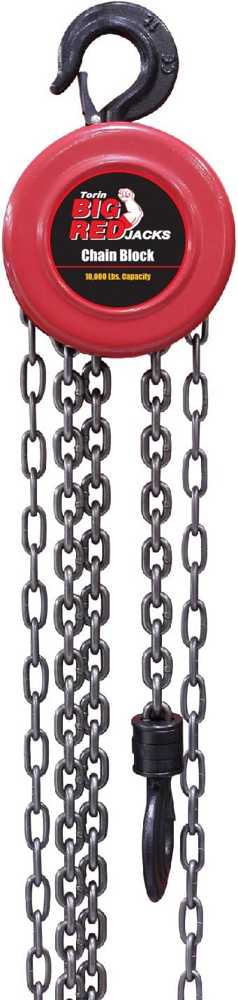 BIG RED TR9050 Torin Manual Hand Lift Steel Chain Block Hoist with 2 Hooks, 5 Ton (10,000 lb) Capacity, Red