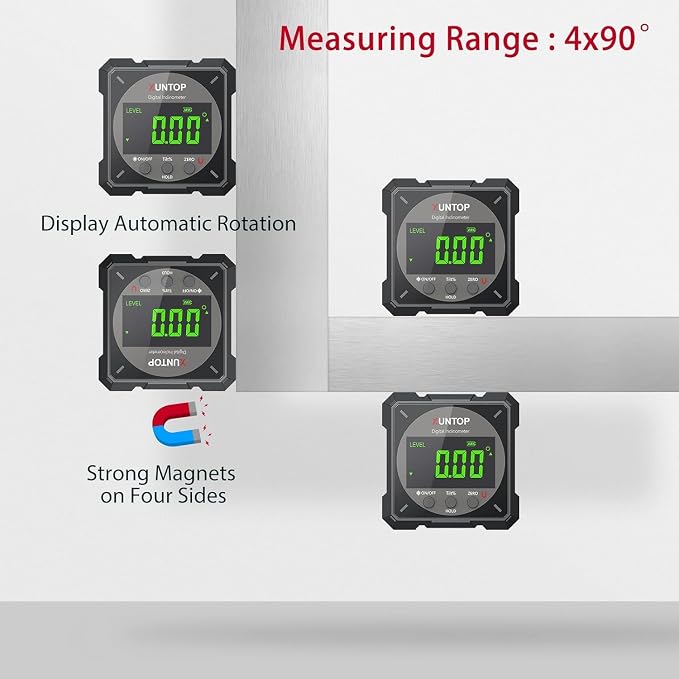 XUNTOP USB Charging Digital Level Box Angle Finder with Laser (Class 2 Laser, <1mW), 4-Side Magnetic Angle Gauge IP54 Waterproof Inclinometer Level, Saving time and Effort Hanging Decorations-Black