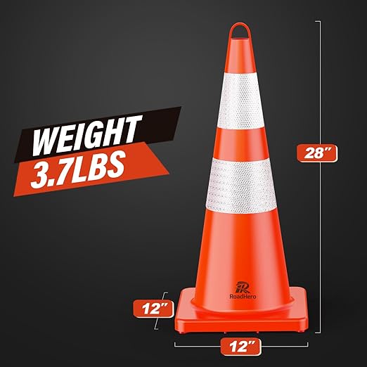 RoadHero 10 Pack Traffic Cones 28 Inch Safety Cones with Reflective Collar Orange Cones with Handle Plastic PVC Heavy Duty Cones for Parking Lot, Driving Training