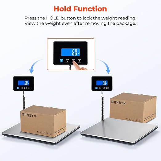 MUNBYN Shipping Scale, 440lb/1.8oz Digital Postal Scale for Packages with Hold/Tare Function, Backlit LCD, Battery & Cable Included, Postage Scale for Small Business, Packages, Luggage, and Home Use