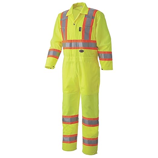 Pioneer High Visibility Polyester Knit Traffic Safety Coverall with Mesh Ventilation Panels, Reflective Tape, Leg Zippers, Yellow/Green, Unisex, L, V1070160U-L