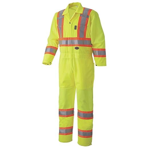Pioneer High Visibility Polyester Knit Traffic Safety Coverall with Mesh Ventilation Panels, Reflective Tape, Leg Zippers, Yellow/Green, Unisex, S, V1070160U-S, Small