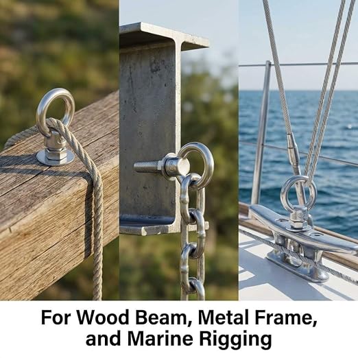 QWORK 304 Stainless Steel Shoulder Eye Bolts 1/2"x4", 5 Pack Marine & Rigging Hardware for Wood, Metal & DIY Projects
