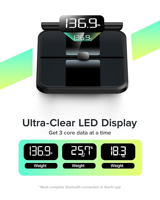 RunStar Scale for Body Weight and Fat Percentage, 8-Electrode Full Body Composition Monitor 28 Body Metrics Sync App, BMI, Muscle Mass-High Accuracy Digital Bathroom Scale with 3-Metric Display