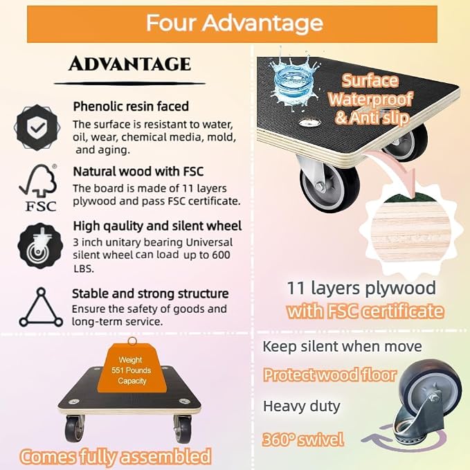 Hardwood Furniture Moving Wooden Dolly with 4 Rubber Silent Wheels,15 Inch Securely Holds 2204 Lbs Heavy Duty Rolling Mover for Piano Couch Fridge Washing Machine Big Plant, 2 Packs