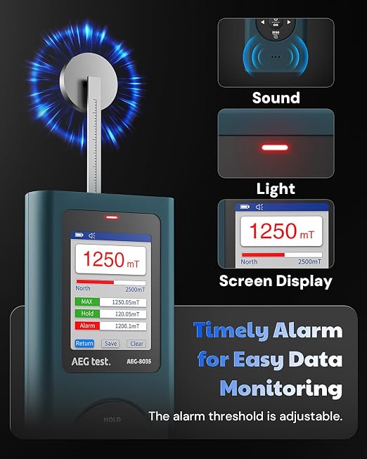 8035 DC Gauss Meter, Telescopic Hall Sensor, Rechargeable Tesla Meter 0–2500 mT, Magnetometer with Data Logging and Alarm, Magnetic Field Strength Meter, ±5% General Accuracy for Daily Use