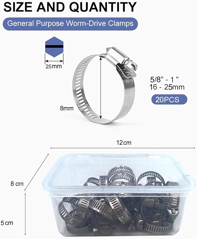 Hose Clamps 20PCS, Stainless Steel, Radiator Hose Clamps, Small size, 5/8– 1"(16-25mm) Worm Gear Hose Clamp Kit,Small Metal Pipe Clamp Set for Automotive,Plumbing,Intercooler