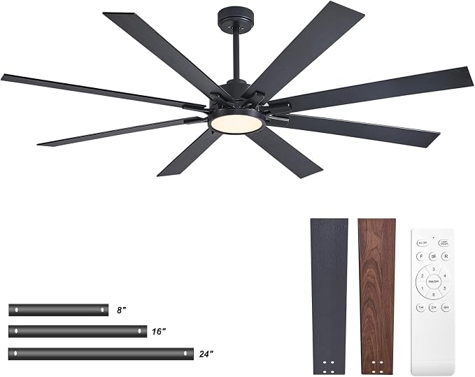 72 Inch Large Ceiling Fans with Lights and Remote Industrial Black Modern Ceiling Fans for Patios Living Room Garage Shop Indoor/Outdoor 6 Speed Reversible Quiet DC Motor, 3 CCT, Dual Finish 8 Blades