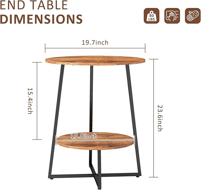 Round End Table - 23.6" H Side Table with Metal Frame, Industrial Accent Tables for Living Room Bedroom, Rustic Brown (1 Pack)
