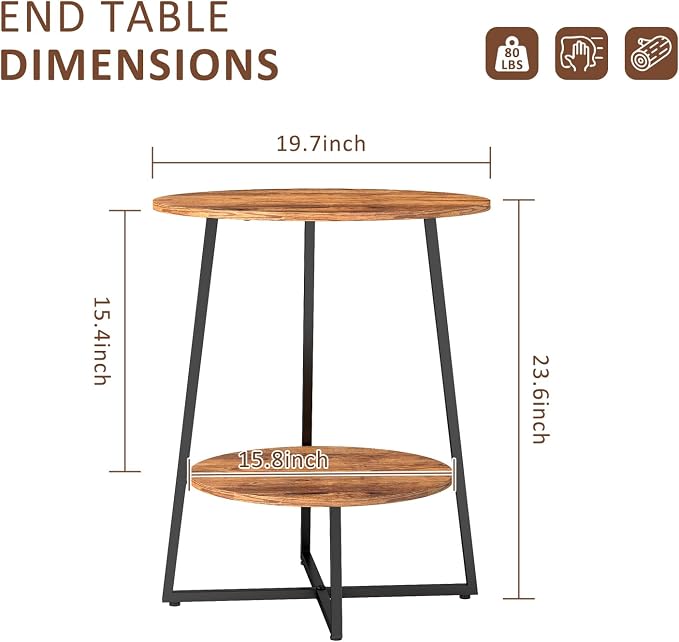 Round End Table - 23.6" H Side Table with Metal Frame, Industrial Accent Tables for Living Room Bedroom, Rustic Brown (2 Packs)