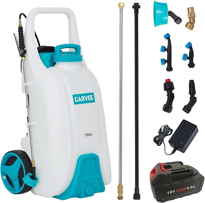 Garvee 13 Gallons Battery Powered Sprayer with Wheeled Cart, 18V 4Ah Electric Sprayer with 6 Nozzles & 2 Wands, 4-6 Hour Runtime, 80PSI Adjustable Pressure, Trigger Lock, Yard Sprayers for Lawn