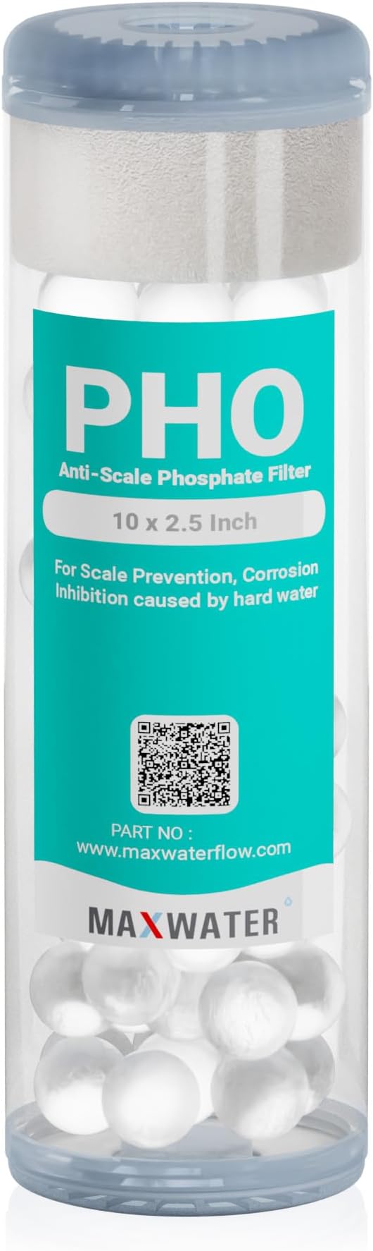 Max Water 10" x 2.5" Anti-Scale Water Filter Cartridge, Siliphos Polyphosphate (PHO) Replacement Filter, Fits Standard 10" Whole House Water Filtration System, Reduces Scale, Corrosion & Iron Staining