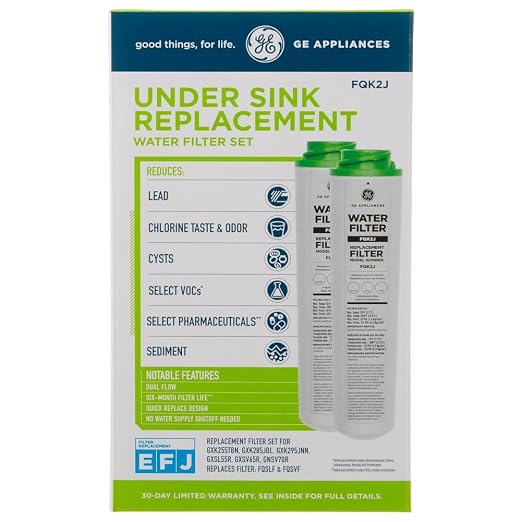GE Under Sink Water Filter Replacement, Dual Flow, Reduces Sediment, Rust & Other Impurities from Water, Fits GXK255TBN Under Sink Filtration System, Replace Every 6 Months,FQK2J,2 Filters (Pack of 3)