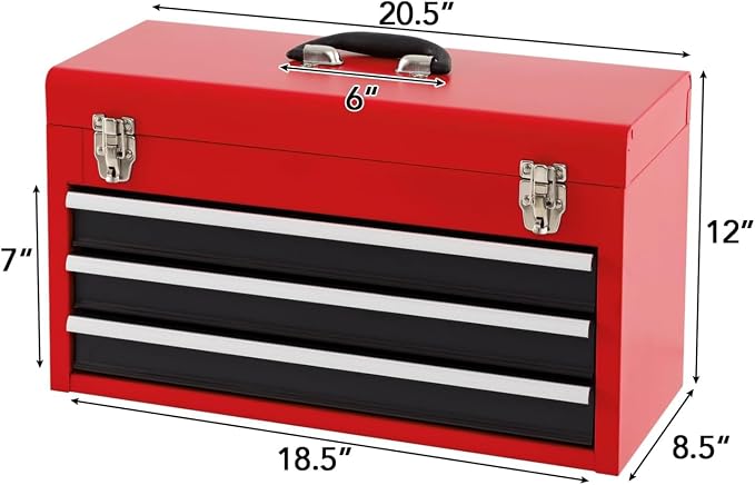 ERGOMASTER Portable Tool Box, Metal Tool Box with 3 Drawers, Lockable Heavy Duty Tool Chest Storage Toolbox for Garage, Workshop(Black+Red)