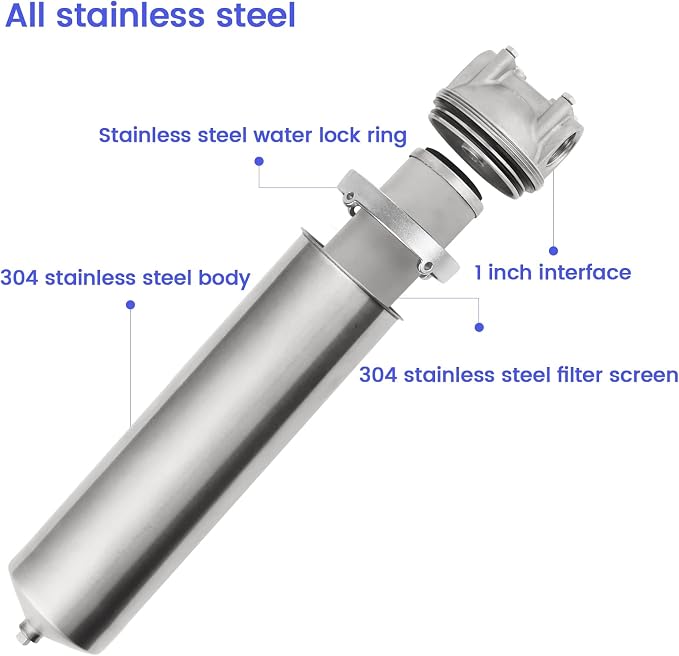 NSF/ANSI 42 Stainless Steel Whole House Water Filter Housing, 10" x 2.5" Sediment Water Filter System for Heavy Duty, Well & City Water, 1" NPT Port, Drain Valve Style C(Square Head)