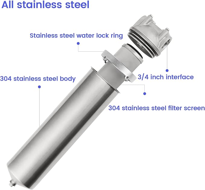 NSF/ANSI 42 Stainless Steel Whole House Water Filter Housing, 10" x 2.5" Sediment Water Filter System for Heavy Duty, Well & City Water, 3/4" NPT Port, Drain Valve Style C(Square Head)