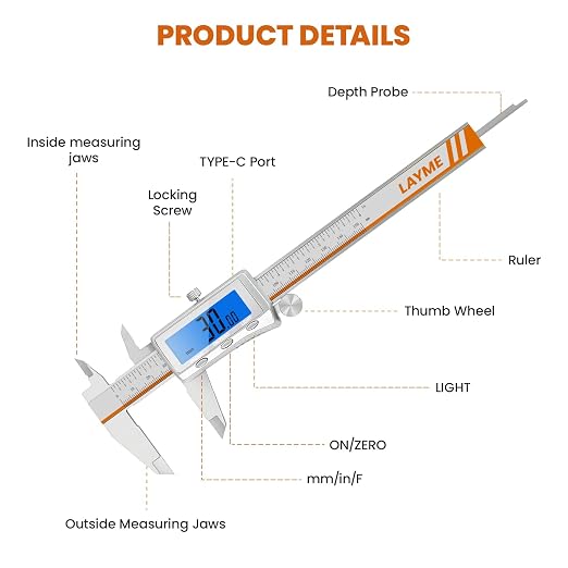 Digital Caliper, Rechargeable Digital Calipers with Backlight LCD & Auto-Off, Stainless Steel Measuring Tool, Inch/MM/Fraction Conversion for 3D Printing DIY Woodworking 6 Inch