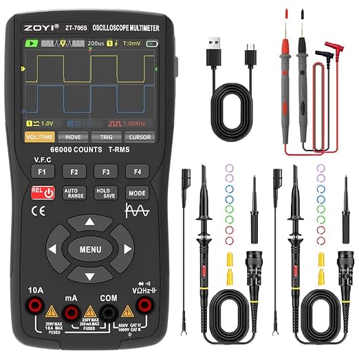 ZT-706S 3-in-1 Oscilloscope Multimeter Signal Generator, Dual-Channel 50MHz Bandwidth, 280MSa/s Infinite Persistence, 66000 Counts True RMS, 10MHz Bandwidth Signal Output, Data Hold and V.F.C
