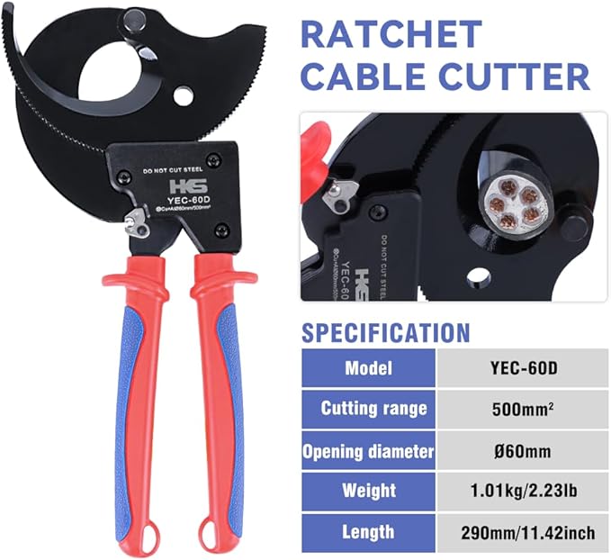 HKS Ratchet Cable Wire Cutter Heavy Duty for Cutting Electrical Aluminum Copper and Multi-core Cables up to 500mm² (AWG 1000MCM) YEC-60D