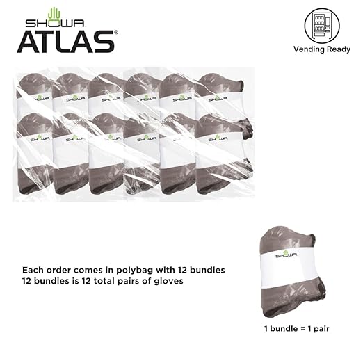 SHOWA Atlas 300B Original 1994 Crinkle Grip Work Gloves, Natural Latex Palm, Heavy Duty 10-Gauge for Construction, Landscaping, Gardening, & Masonry, Black, Medium, Vending Pack, 12-Pair