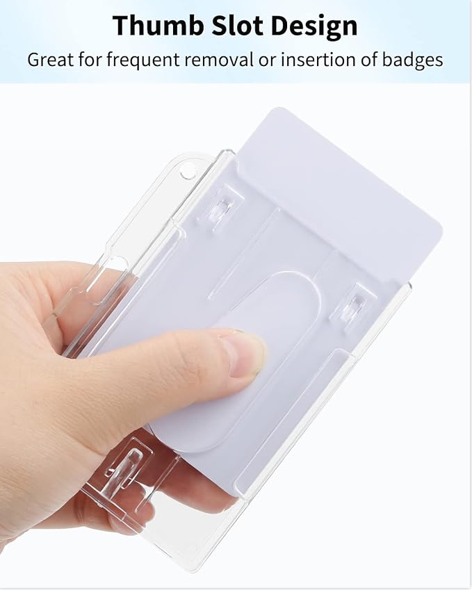 Pawfly 2 Pack Horizontal 2-Card Badge Holders for Office IDs | Rigid transparent horizontal case holds 2 cards; thumb slot makes IDs, credit cards and passes easy to remove