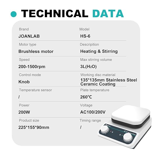 JOANLAB Magnetic Stirrer Hot Plate HS-6 | 260°C, 200-1500 RPM, 3L Stirring Capacity | Knob Control, 110V