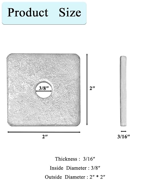 20-Pack 3/8” Hot-Dipped Galvanized Steel Square Washers, Flat Pad Spacer for Square Nut Fasteners, 3/8” ID x 2” Square x 0.18” Thick