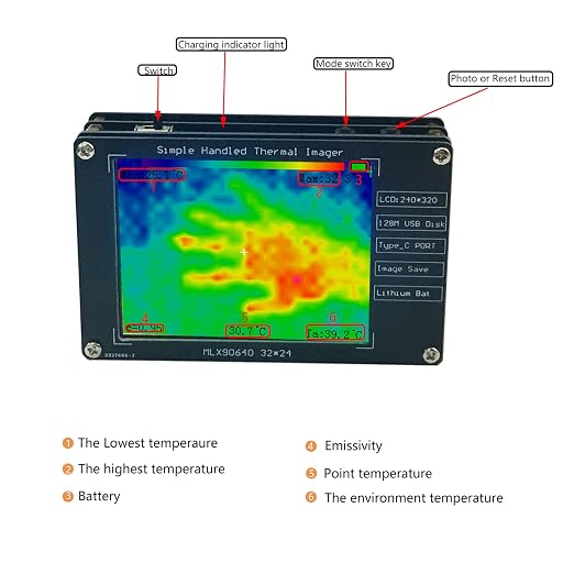 MLX90640 Handheld Infrared Thermal Imager Portable Non-Contact Temperature Measurement Camera 3.2-inch LCD Display Rechargeable Battery Picture Storage Home Ghost Hunting Use
