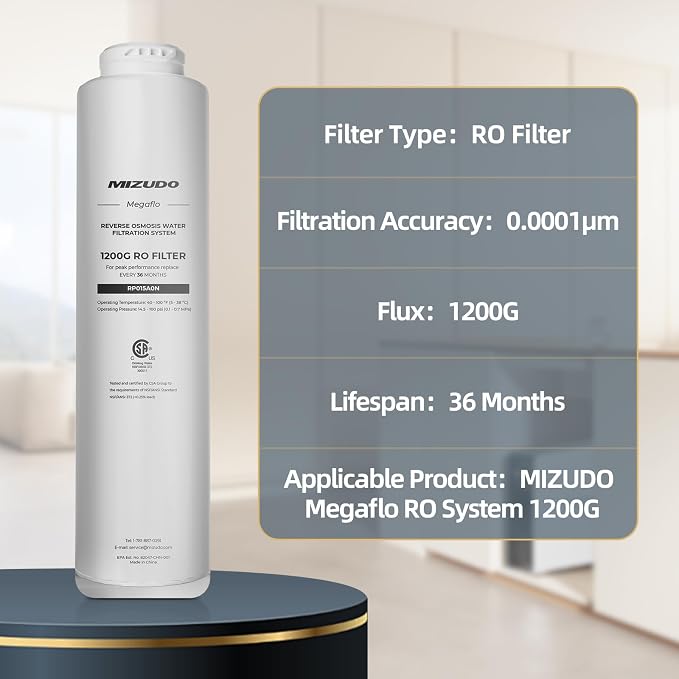MIZUDO 1200GPD RO Membrane Filter, Reverse Osmosis System Replacement, 0.0001 Micron, 36-Month Lifetime
