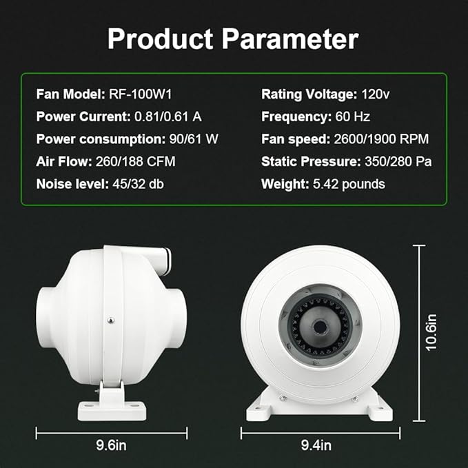 4 Inch Radon Fan, Quiet 2 Speed 260/188CFM Radon Mitigation System Inline Duct Fan IP67 Waterproof, High Airflow Exhaust Fan for Indoor Outdoor Air Ventilation