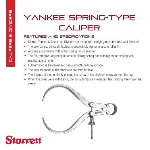 Starrett 79 Series "Yankee" Spring-Type Outside Calipers with Flat Legs and Quick-Spring Nut - Hardened Fulcrum Stud, Spring Joint Type, 4" Size and Capacity - 79B-4