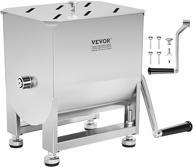 VEVOR Manual Meat Mixer, 10L Fixed Tank – Heavy Duty Stainless Steel Hand Mixer for Ground Beef & Sausage, Max 15lb Mixing Meat Capacity, with Lid Handle