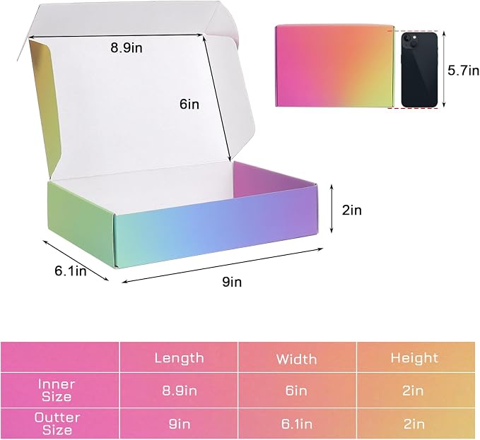 9x6x2 Shipping Boxes for Packaging, 45 Pack Rainbow Corrugated Cardboard Mailer Boxes for Small Business, Shipping, Mailing