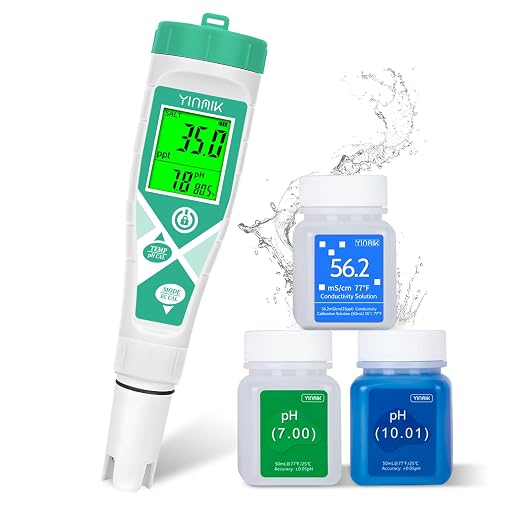 YINMIK Pool pH Salt Tester, Digital Salinity Meter for Saltwater Pool, Simultaneous Display Salt pH TDS for Koi Pond, Reef Tank, Aquarium, Hydroponic PPM pH EC Reader, Hydrometer with S.G. Card