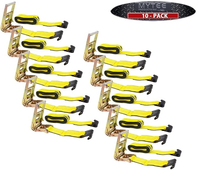 Mytee Products Ratchet Tie-Down Straps with Flat Hooks, 3" x 30' Ratchet Straps Yellow | 15,000 Lbs Breaking Strength | TieDown Ratchet Straps for Flatbed, Truck, Trailers Pickup (10 Pack)