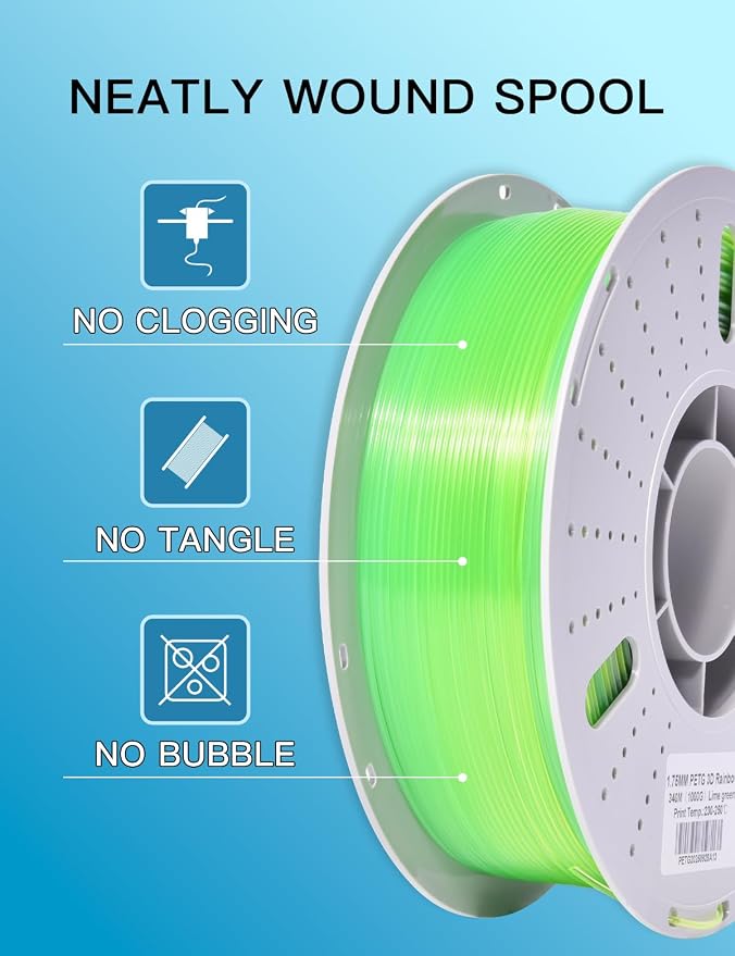 PINBALL PETG Rainbow 3D Printer Filament 1.75mm, Multicolor Transparent PETG Filament, Accuracy +/- 0.02 mm, 1kg Spool (2.2lbs), Lime Color
