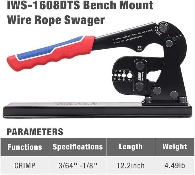 iCrimp Bench Swaging Tool for Crimping Aluminum Wire Rope End Sleeve, Duplex, Oval Sleeves, 3/64 in to 1/8 in (Bench Mounted Crimper)