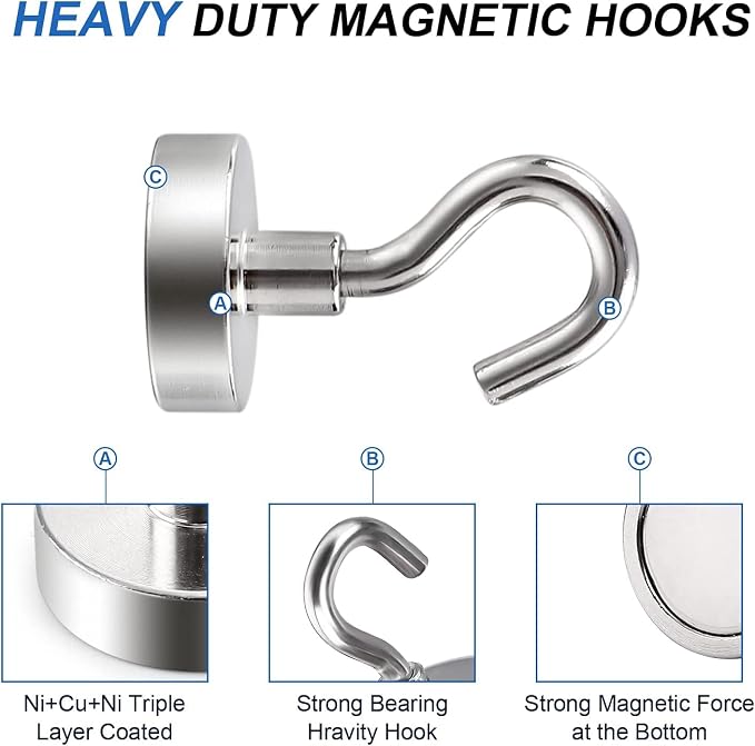 LOVIMAG Magnetic Hooks Heavy Duty, 30LBS, 4 Pack | Magnet with Hook for Cruise Cabins, Classroom, Kitchen Essentials, Door Decoration, Refrigerator, Silver