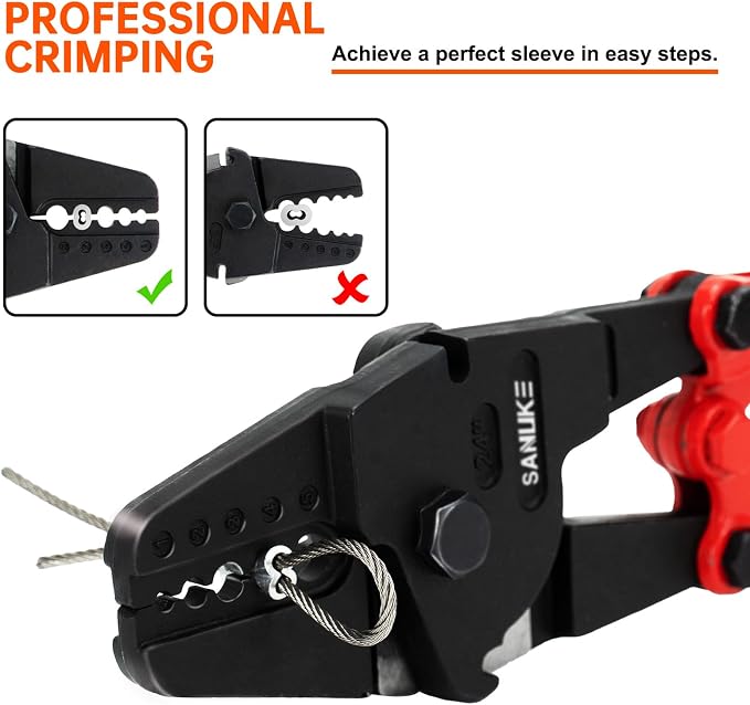 Sanuke 24 Inch Hand Swaging Tool, Wire Rope Crimping Tool 5 Cavity 1/16" 3/32" 1/8" 5/32" 3/16", Crimping and Cutting Combo Cable Crimper, Hand Swager with 50pcs Aluminum Stop Sleeves Oval Sleeves