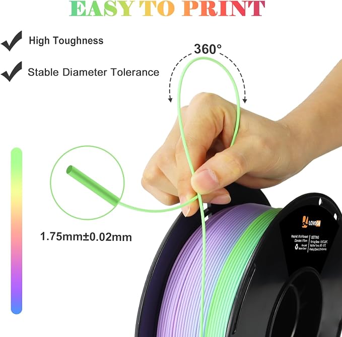 LOVOON Rainbow Gradient 3D Printing PLA Filament 1.75mm Color Shift by Length Multicolor Changing Filament Matte Blue/Green/Pink/Purple/Orange, Fit Most 3D Printer&Pen,1KG(2.2lbs)/Spool