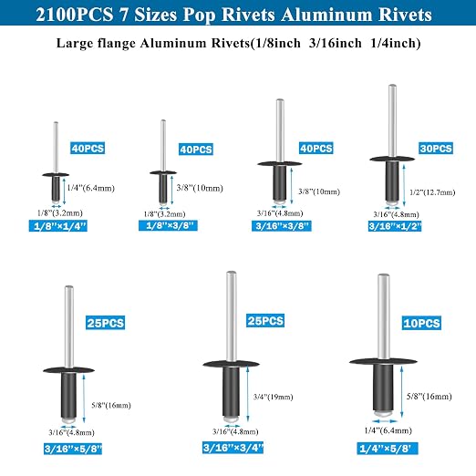 210PCS Black Pop Rivets Assortment Kit,Includes 7 Sizes Large Flange Aluminum Rivets (1/8 inch 3/16 inch 1/4 inch) for DIY, Automotive Repairs,and More.Assorted Blind Rivets with Case