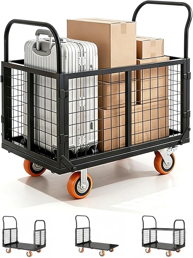 6-in-1 Collapsible Platform Truck Cart – Heavy Duty 1800lbs Capacity – Cage Design – 4 Caster Wheels (2 Locking) – Versatile Flatbed Hand Truck for Warehouse, Garage, Laundry, Grocery
