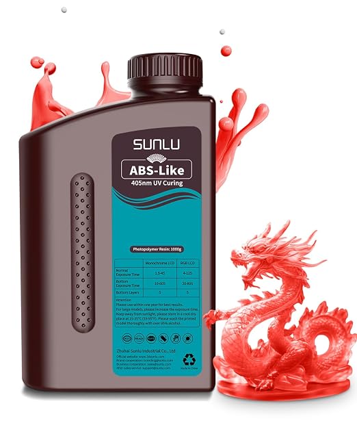 SUNLU 1000G ABS Like Resin for 3D Printer, 405nm UV Curing Photopolymer Rapid 3D Resin for 2K 4K 6K 8K LCD/DLP/SLA 3D Printers, Non-Brittle & High Precision & Low Shrinkage, 1KG, Clear Red