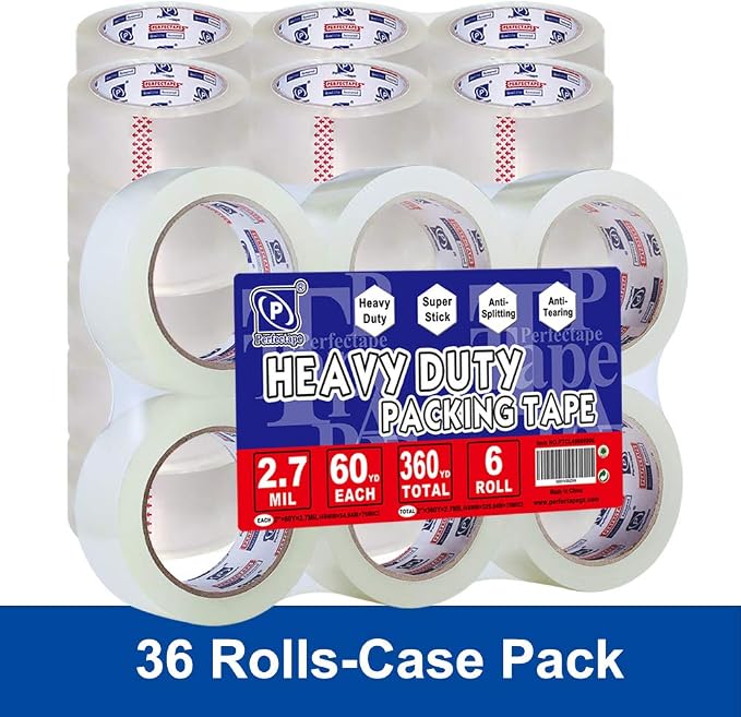 P PERFECTAPE Heavy Duty Packing Tape 36 Rolls, Total 2160Y, Clear, 2.7 mil, 1.88 inch x 60 Yards, Ultra Strong, Refill for Packaging and Shipping