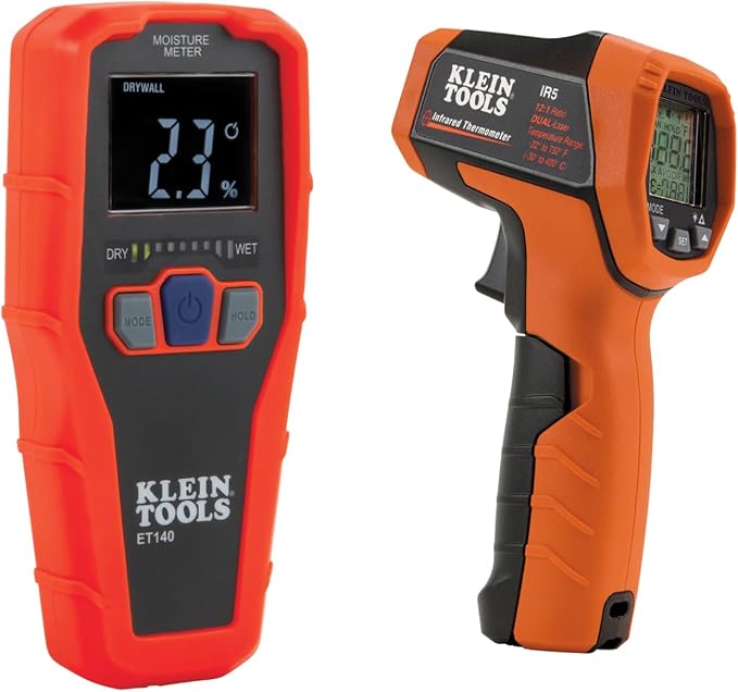 Klein Tools IR5 Dual Laser 12:1 Infrared Thermometer & ET140 Pinless Moisture Meter for Non-Destructive Moisture Detection in Drywall, Wood, and Masonry; Detects up to 3/4-Inch Below Surface