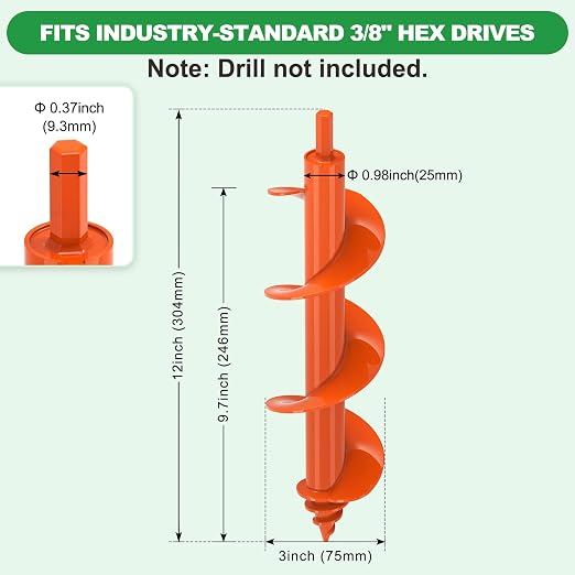 SELEWARE Auger Drill Bit for Planting 3"x12" Drill Auger for 3/8" Hex Drive | Orange Heavy-Duty Steel Garden Auger Drill Bit, Bulb Planter Tool, Auger Post Hole Digger for Bulbs, Flowers, Fence Posts