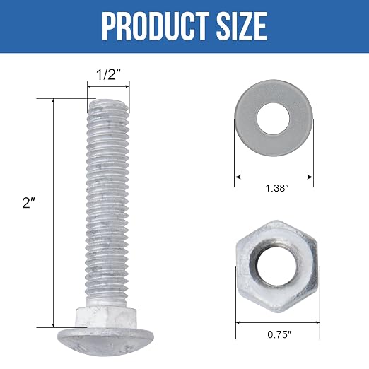 1/2" x 2" Carriage Bolts (25 PCS), Hot Dip Galvanized, Heavy Duty Round Head with Washers and Nuts