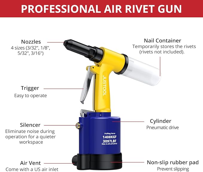 JUSTOOL Heavy Duty Pneumatic Rivet Gun 3097LBF Air Rivet Gun Set-3/32", 1/8", 5/32", 3/16" Air Riveter with NPT 1/4 inch Air Hydraulic Riveter for Automotive Construction Maintenance Industries & DIY